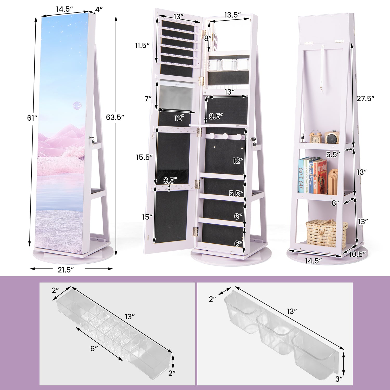 360 ° Rotating Mirrored Jewelry Cabinet Armoire 3 Color LED Modes Lockable-Purple