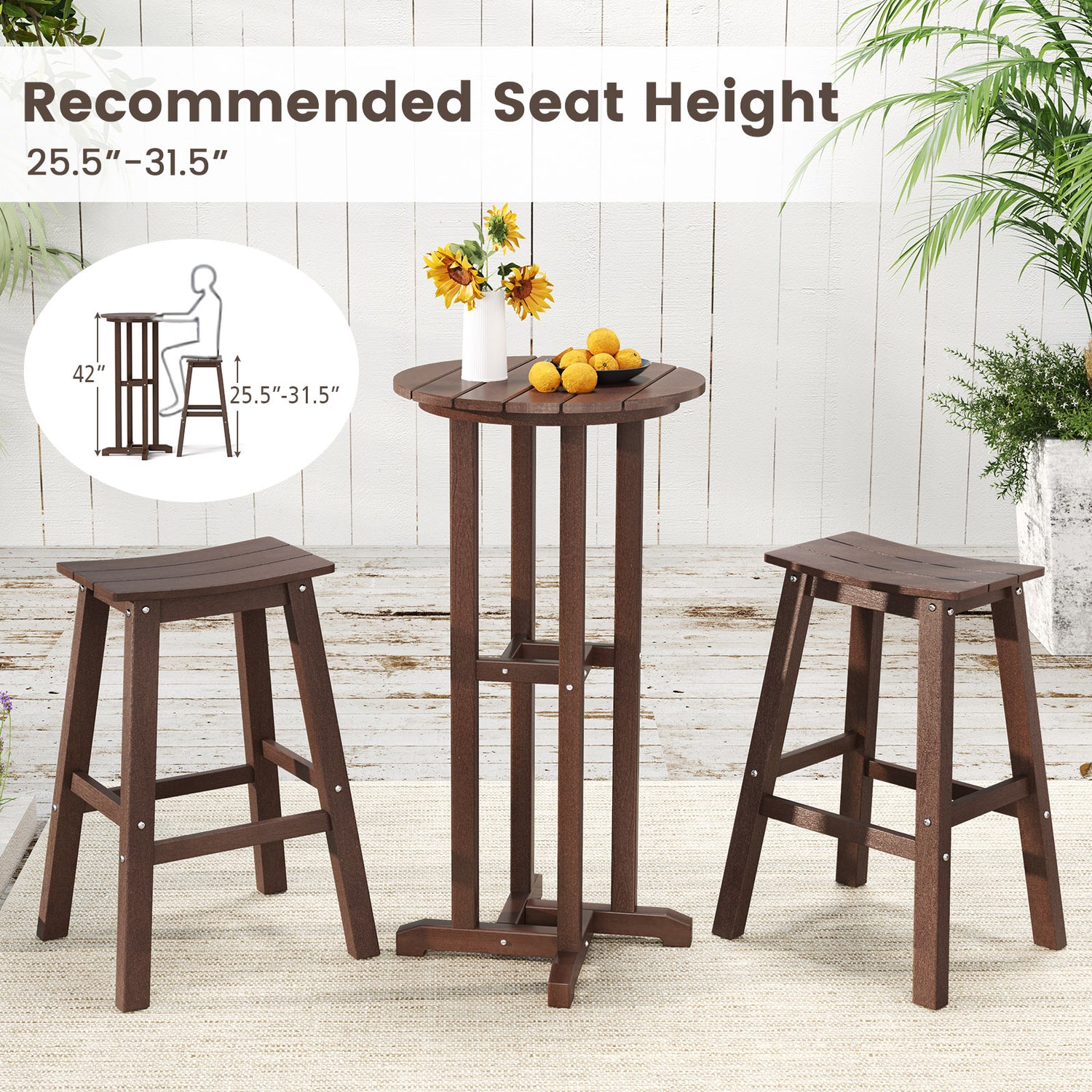 21.5 Inch Round Bar Table Patio HDPE Bar Height Dining Table with Slatted Tabletop-Brown