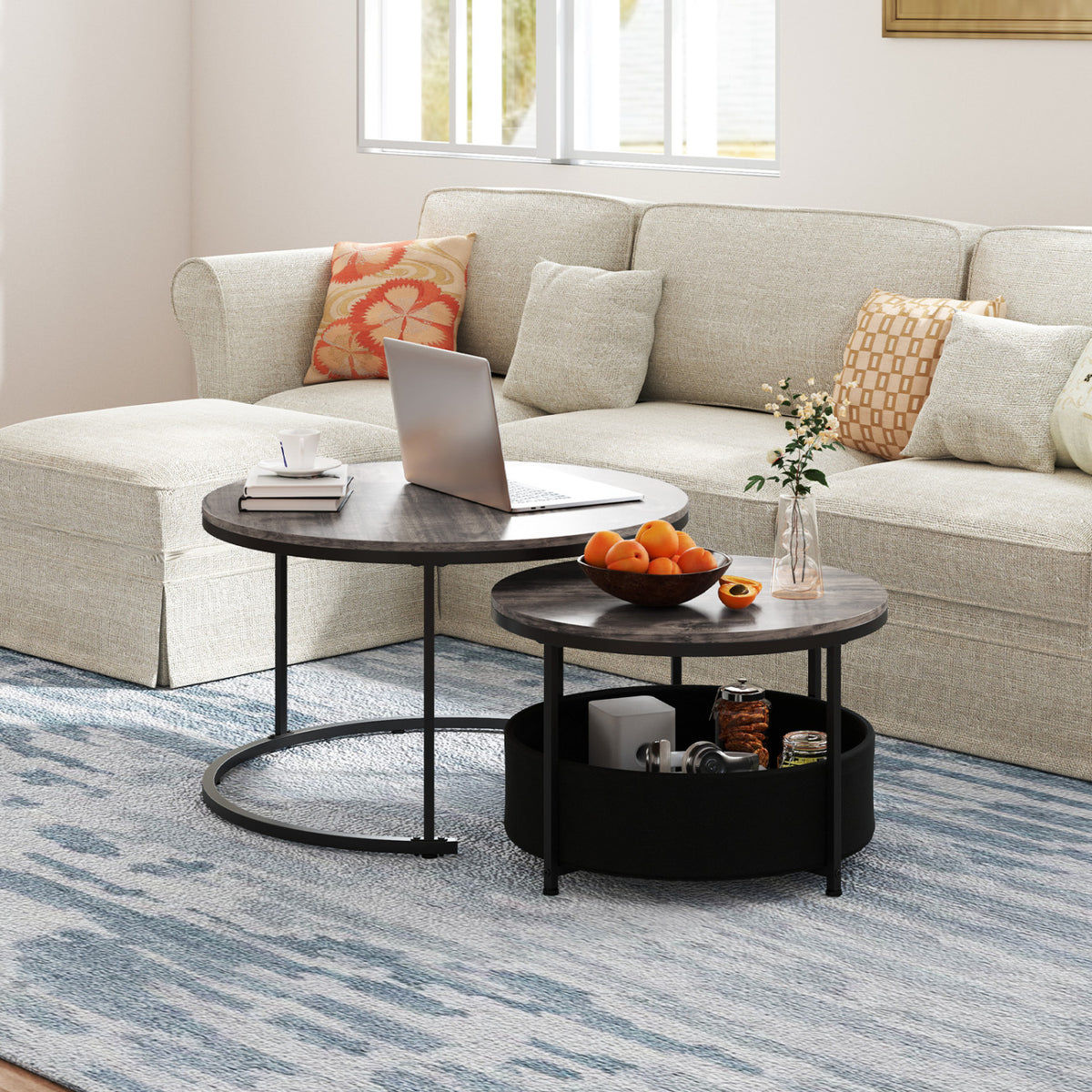 Round Coffee Table Set of 2 31.5" and 24" Circle Cocktail Table with Fabric Storage Basket-Gray