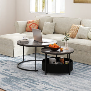 Round Coffee Table Set of 2 31.5" and 24" Circle Cocktail Table with Fabric Storage Basket-Gray