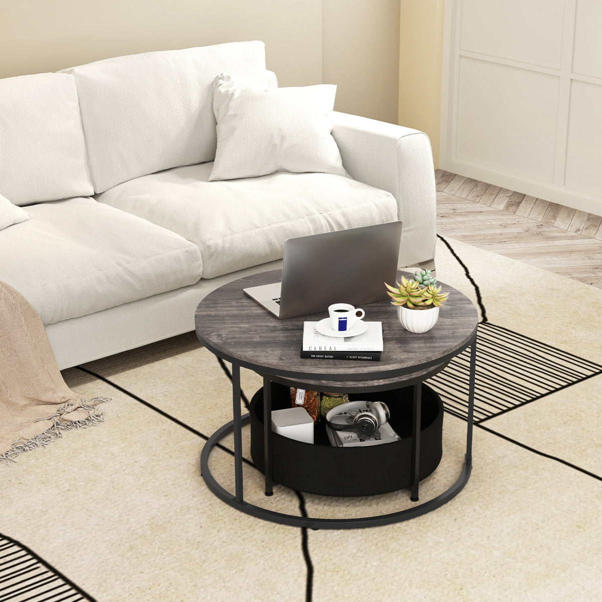 Round Coffee Table Set of 2 31.5" and 24" Circle Cocktail Table with Fabric Storage Basket-Gray
