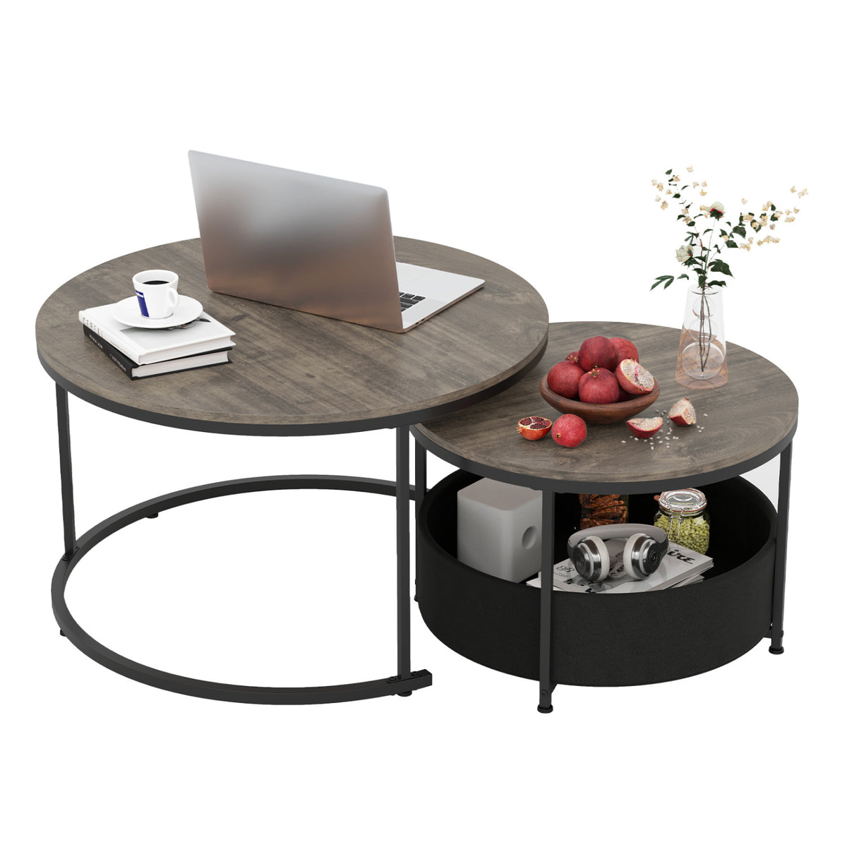 Round Coffee Table Set of 2 31.5" and 24" Circle Cocktail Table with Fabric Storage Basket-Gray