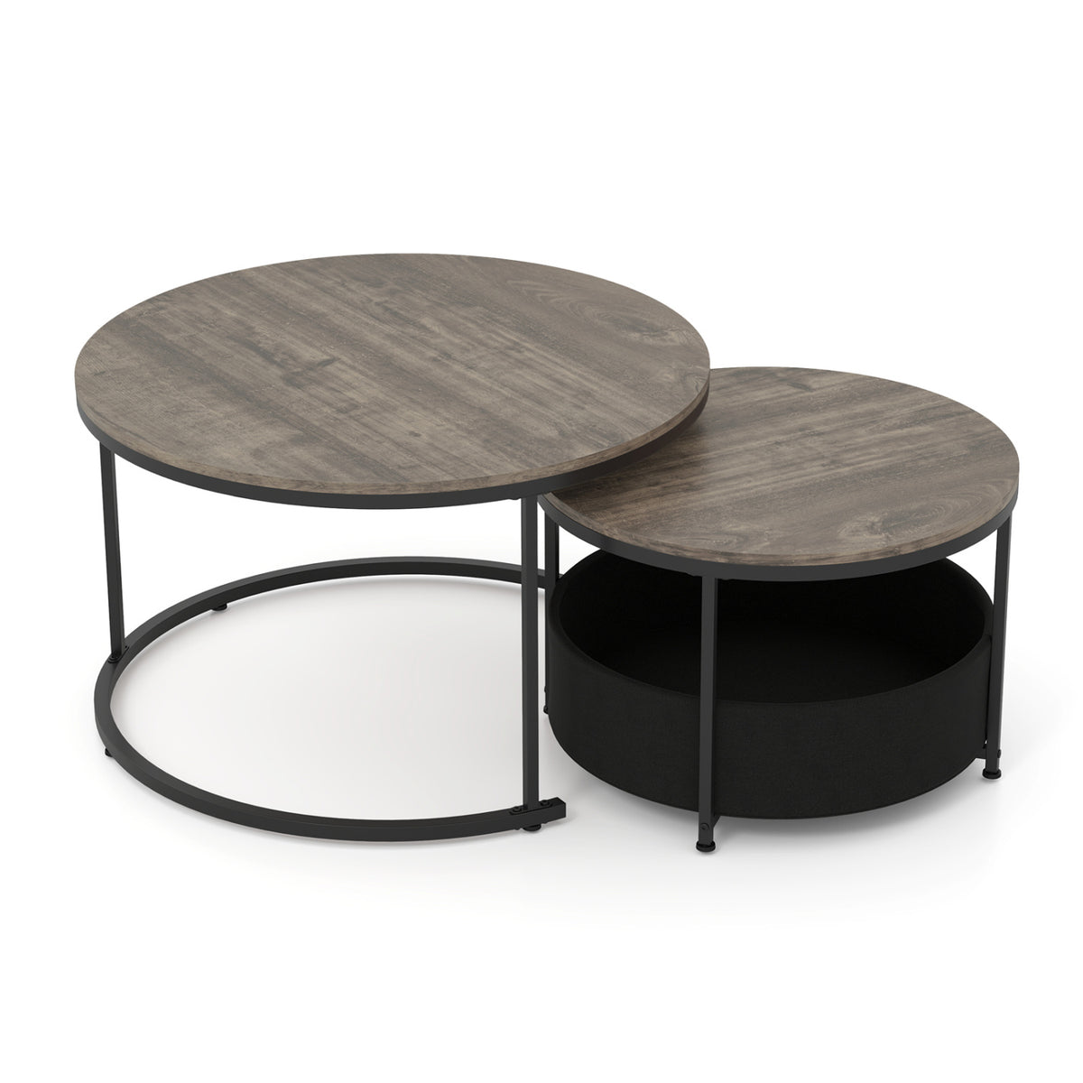 Round Coffee Table Set of 2 31.5" and 24" Circle Cocktail Table with Fabric Storage Basket-Gray
