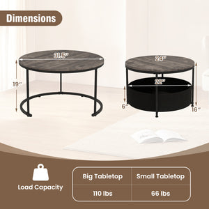 Round Coffee Table Set of 2 31.5" and 24" Circle Cocktail Table with Fabric Storage Basket-Gray