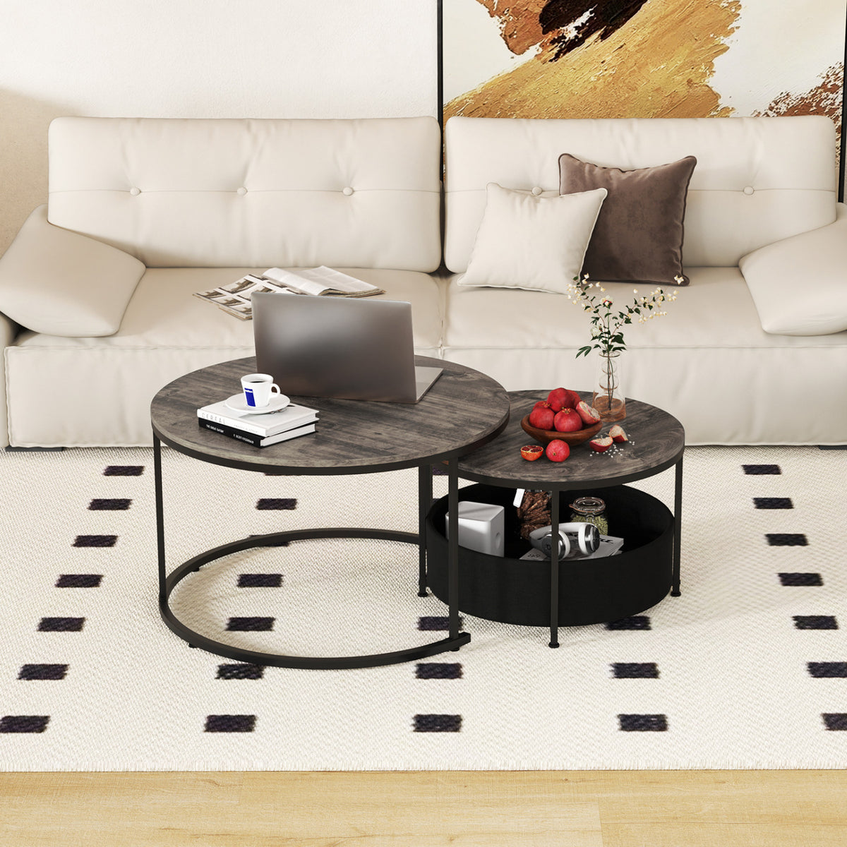 Round Coffee Table Set of 2 31.5" and 24" Circle Cocktail Table with Fabric Storage Basket-Gray
