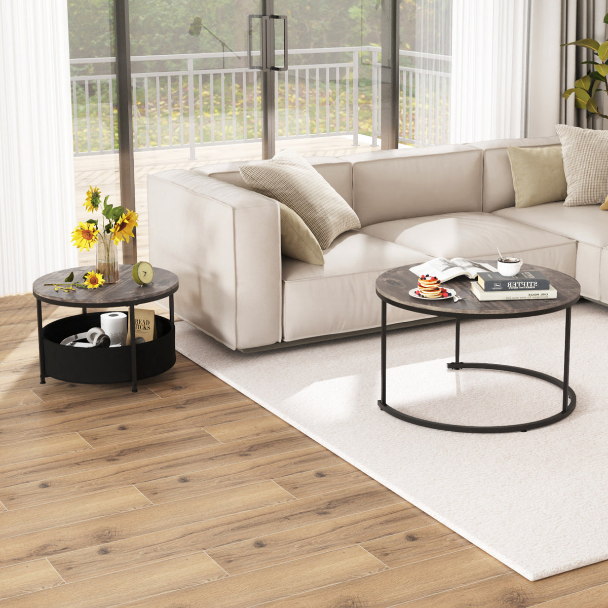 Round Coffee Table Set of 2 31.5" and 24" Circle Cocktail Table with Fabric Storage Basket-Gray