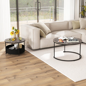 Round Coffee Table Set of 2 31.5" and 24" Circle Cocktail Table with Fabric Storage Basket-Gray