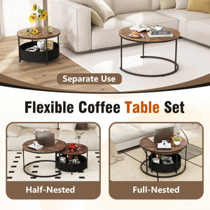 Round Coffee Table Set of 2 Circle Cocktail Table with Storage Basket