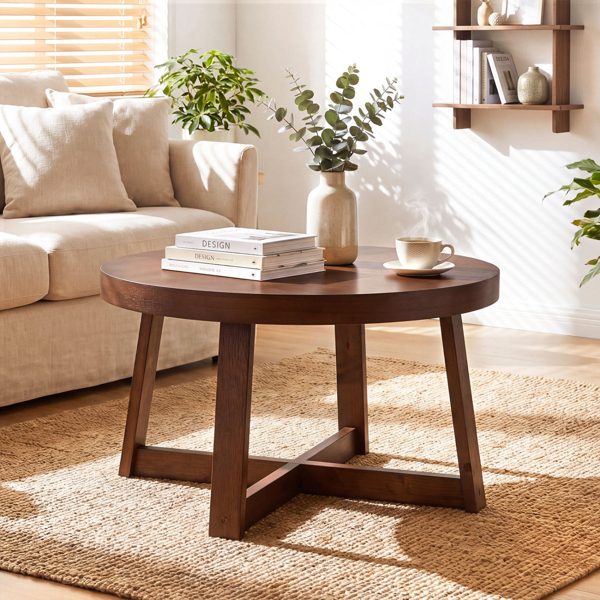 Round Coffee Table for Living Room 30 inch Farmhouse Accent Table with Study Rubber Wood Legs-Walnut