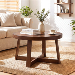 Round Coffee Table for Living Room 30 inch Farmhouse Accent Table with Study Rubber Wood Legs-Walnut
