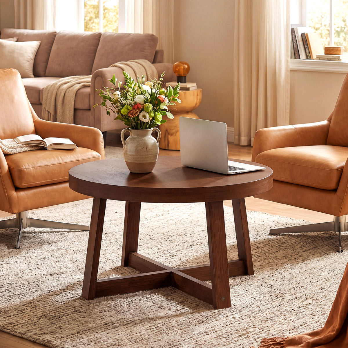 Round Coffee Table for Living Room 30 inch Farmhouse Accent Table with Study Rubber Wood Legs-Walnut