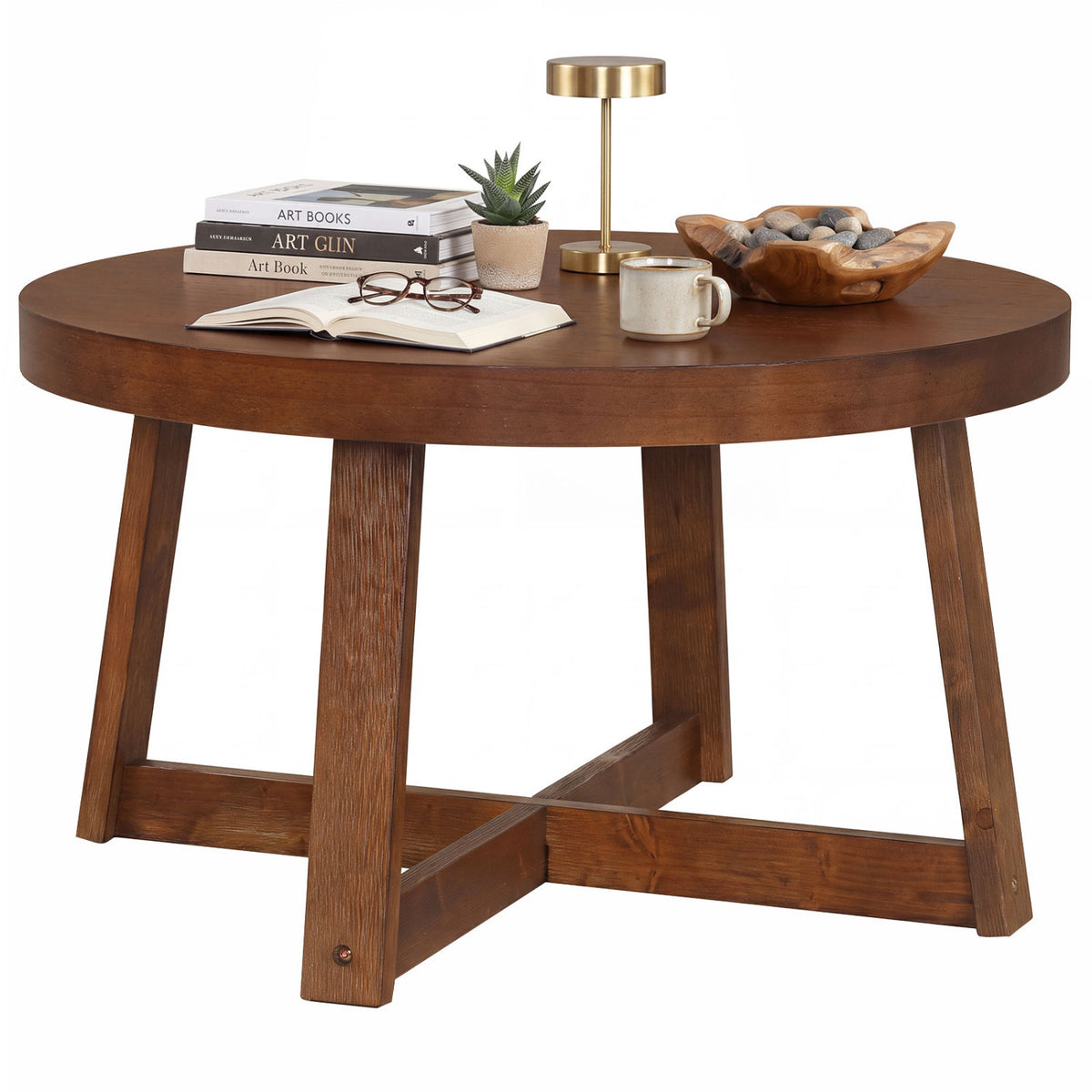 Round Coffee Table for Living Room 30 inch Farmhouse Accent Table with Study Rubber Wood Legs-Walnut
