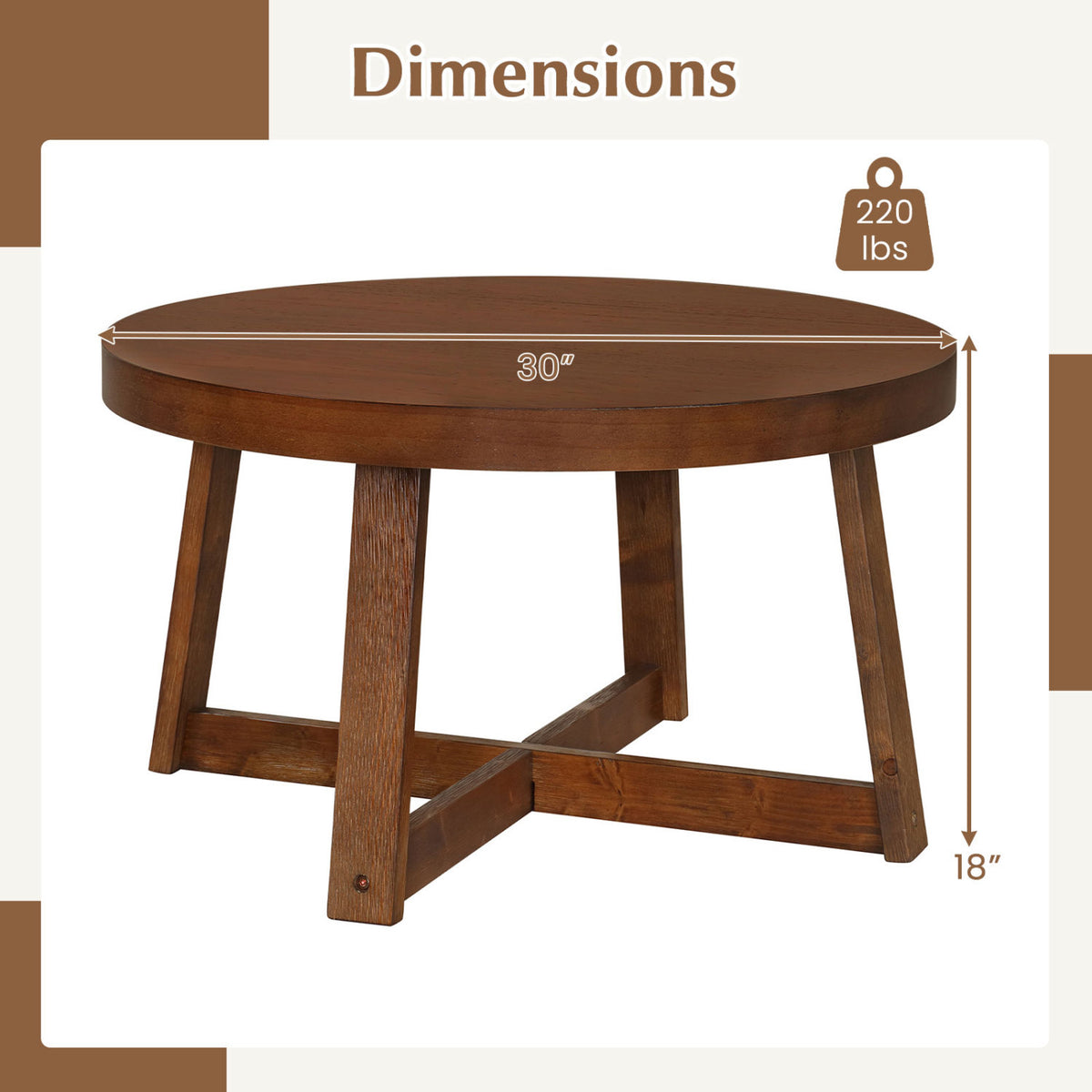Round Coffee Table for Living Room 30 inch Farmhouse Accent Table with Study Rubber Wood Legs-Walnut