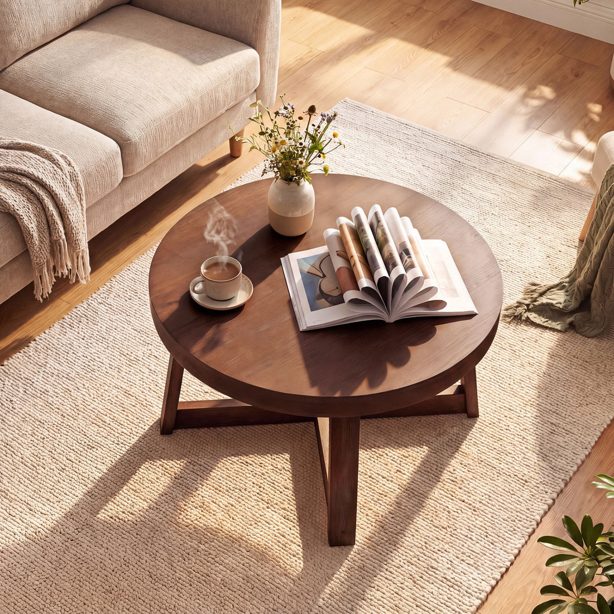 Round Coffee Table for Living Room 30 inch Farmhouse Accent Table with Study Rubber Wood Legs-Walnut