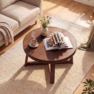 Round Coffee Table for Living Room 30 inch Farmhouse Accent Table with Study Rubber Wood Legs-Walnut