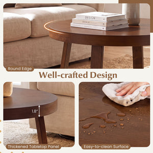Round Coffee Table for Living Room 30 inch Farmhouse Accent Table with Study Rubber Wood Legs-Walnut