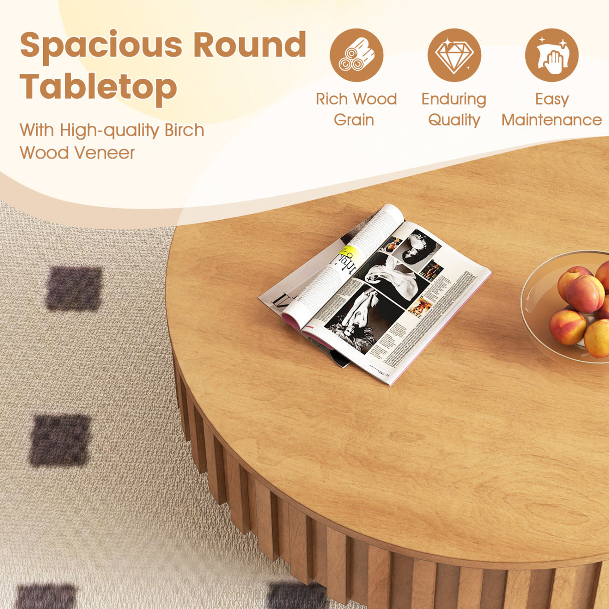 Round Coffee Table with Storage Modern Wooden Drum Coffee Table with Hidden Compartment-Natural