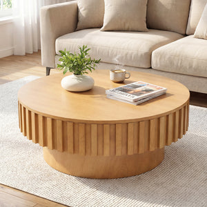 Round Coffee Table with Storage Modern Wooden Drum Coffee Table with Hidden Compartment-Natural