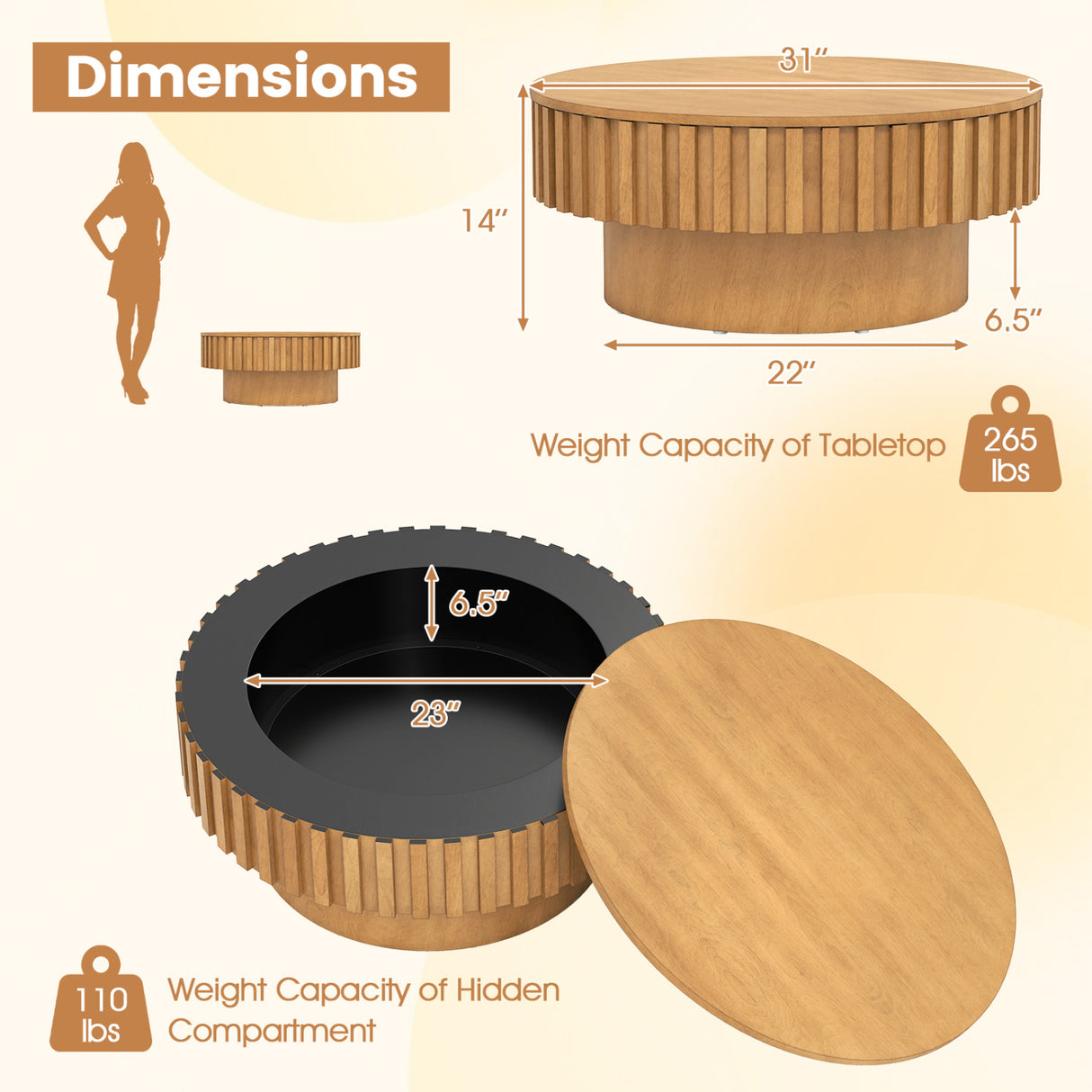 Round Coffee Table with Storage Modern Wooden Drum Coffee Table with Hidden Compartment-Natural