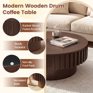 Round Coffee Table with Storage Modern Wooden Drum Coffee Table with Hidden Compartment-Walnut