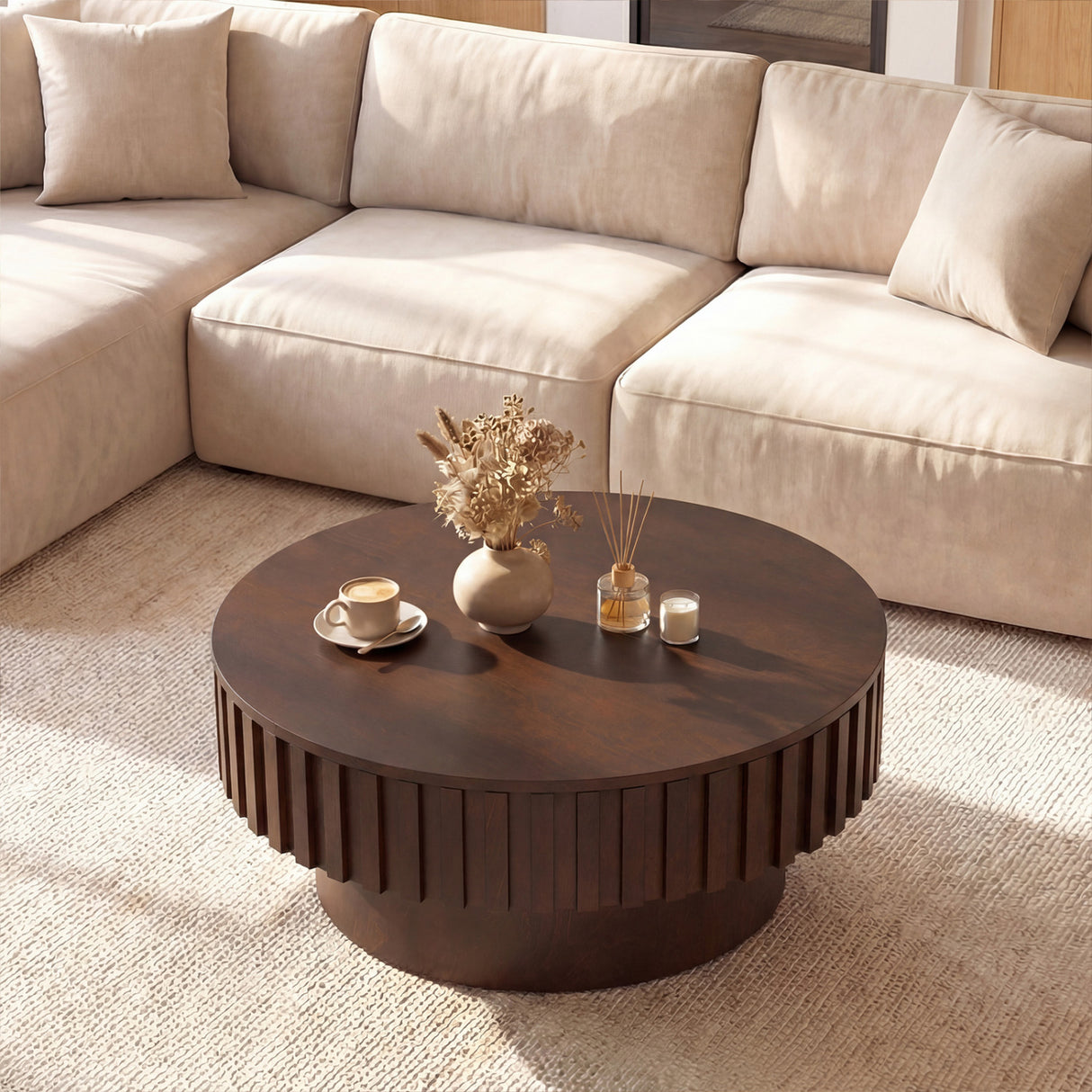 Round Coffee Table with Storage Modern Wooden Drum Coffee Table with Hidden Compartment-Walnut