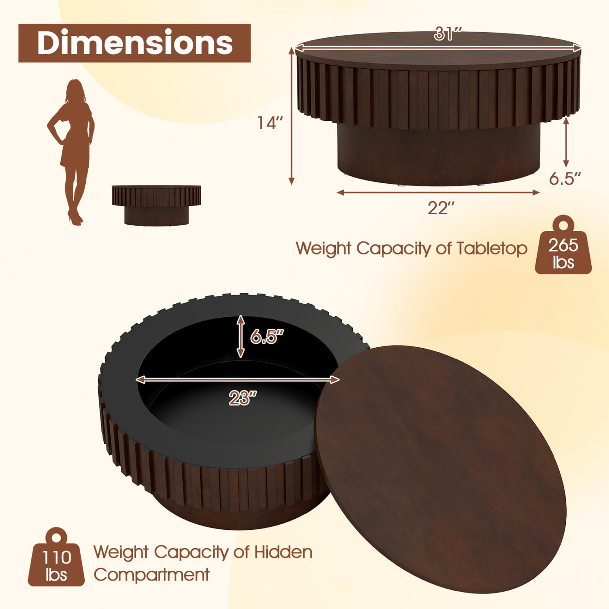 Round Coffee Table with Storage Modern Wooden Drum Coffee Table with Hidden Compartment-Walnut
