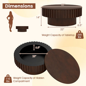 Round Coffee Table with Storage Modern Wooden Drum Coffee Table with Hidden Compartment-Walnut