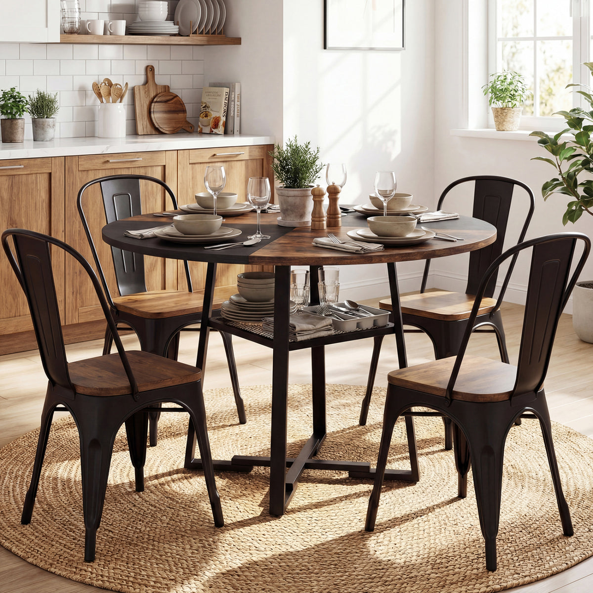 Round Dining Table for 4-6 with Storage Shelf and Metal Legs-Rustic Brown