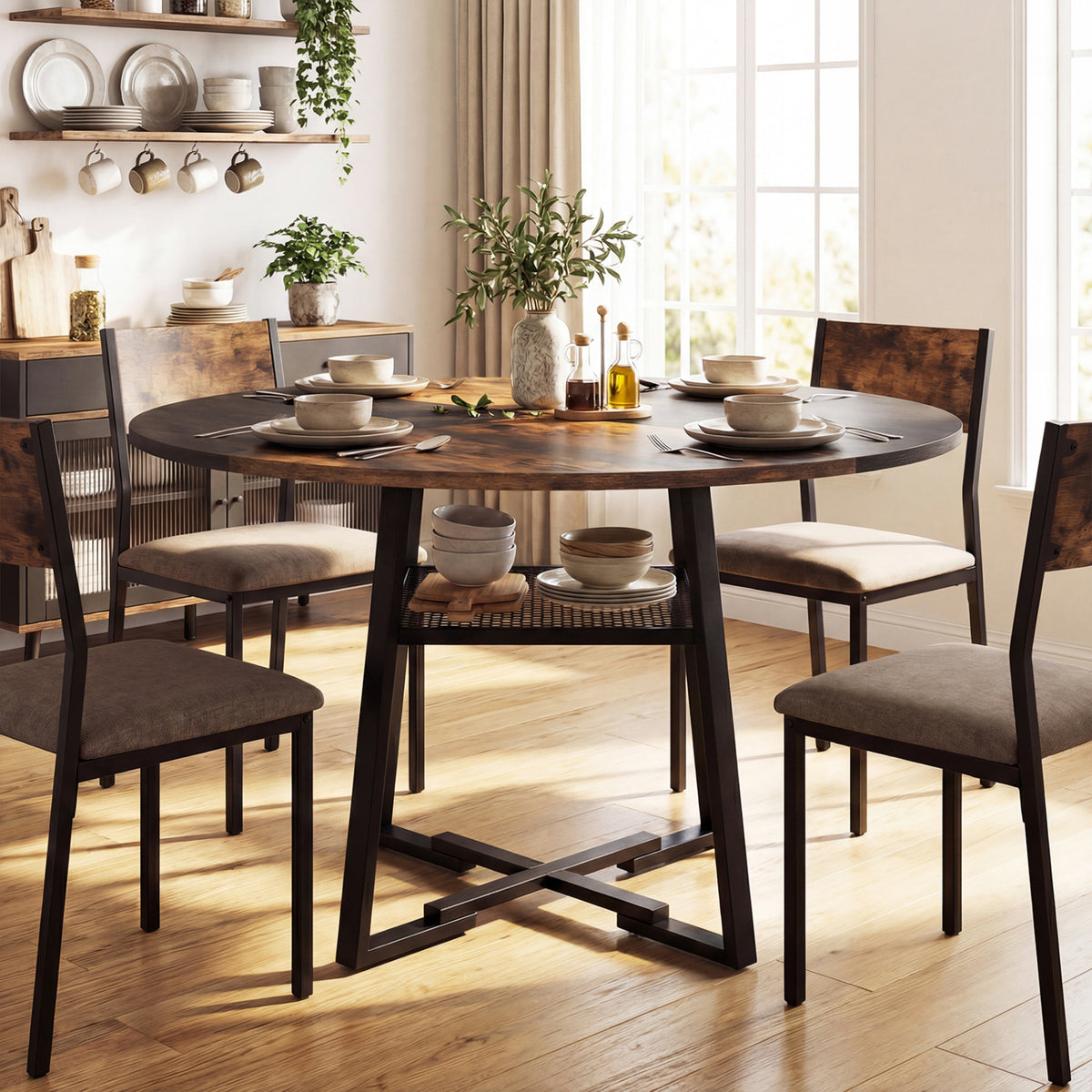 Round Dining Table for 4-6 with Storage Shelf and Metal Legs-Rustic Brown