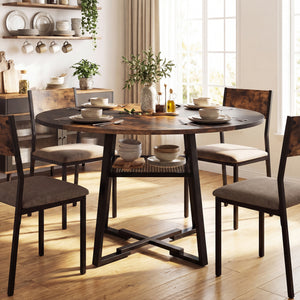 Round Dining Table for 4-6 with Storage Shelf and Metal Legs-Rustic Brown