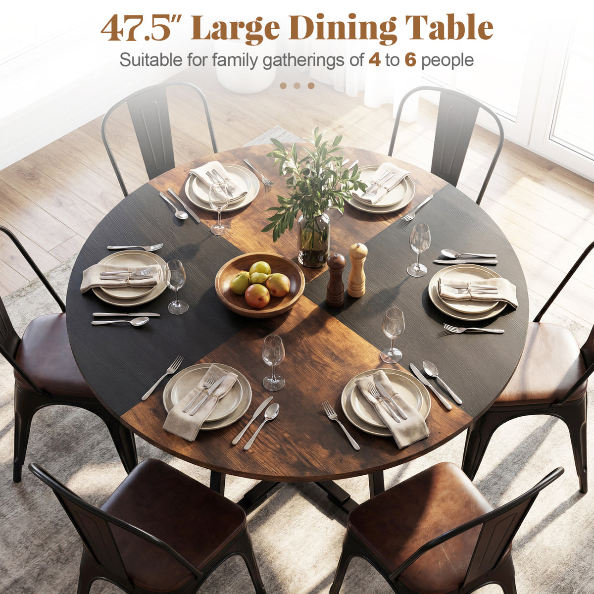 Round Dining Table for 4-6 with Storage Shelf and Metal Legs-Rustic Brown
