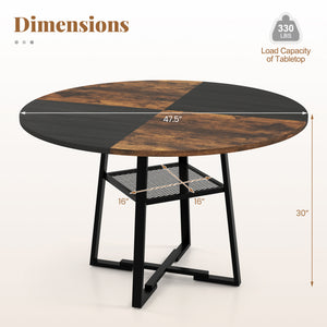 Round Dining Table for 4-6 with Storage Shelf and Metal Legs-Rustic Brown