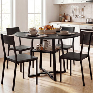 Round Dining Table for 4-6 with Storage Shelf and Metal Legs-Black