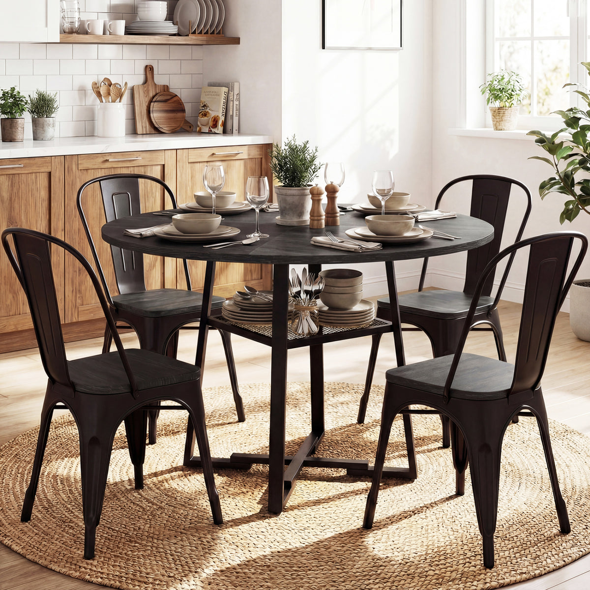 Round Dining Table for 4-6 with Storage Shelf and Metal Legs-Black
