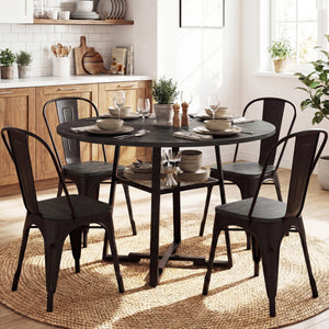 Round Dining Table for 4-6 with Storage Shelf and Metal Legs-Black