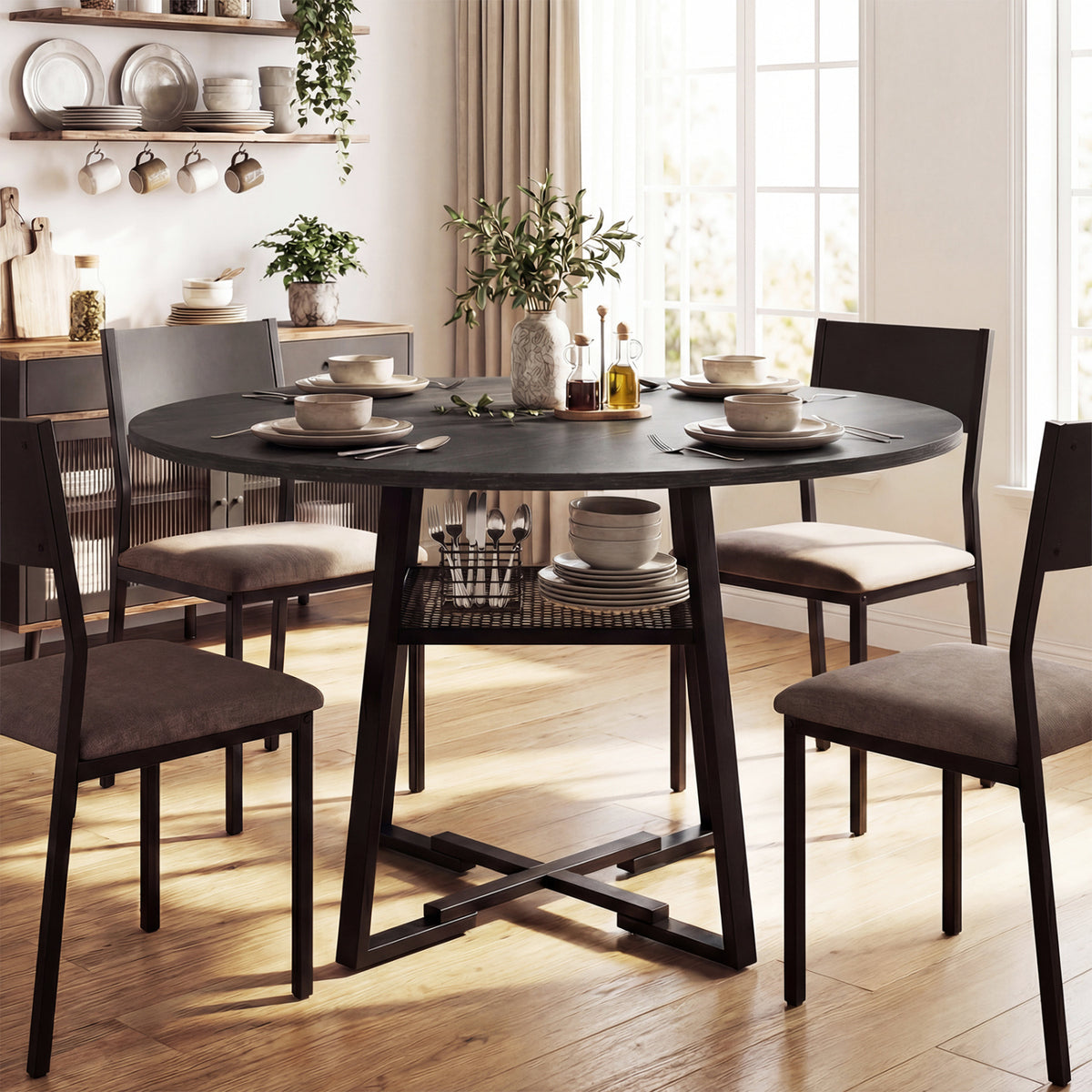 Round Dining Table for 4-6 with Storage Shelf and Metal Legs-Black