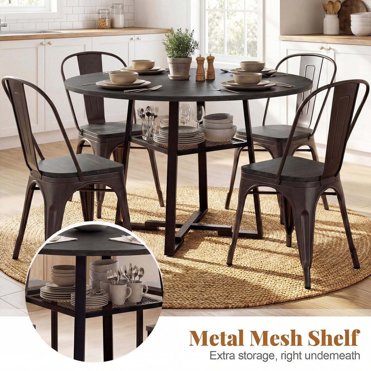 Round Dining Table for 4-6 with Storage Shelf and Metal Legs-Black