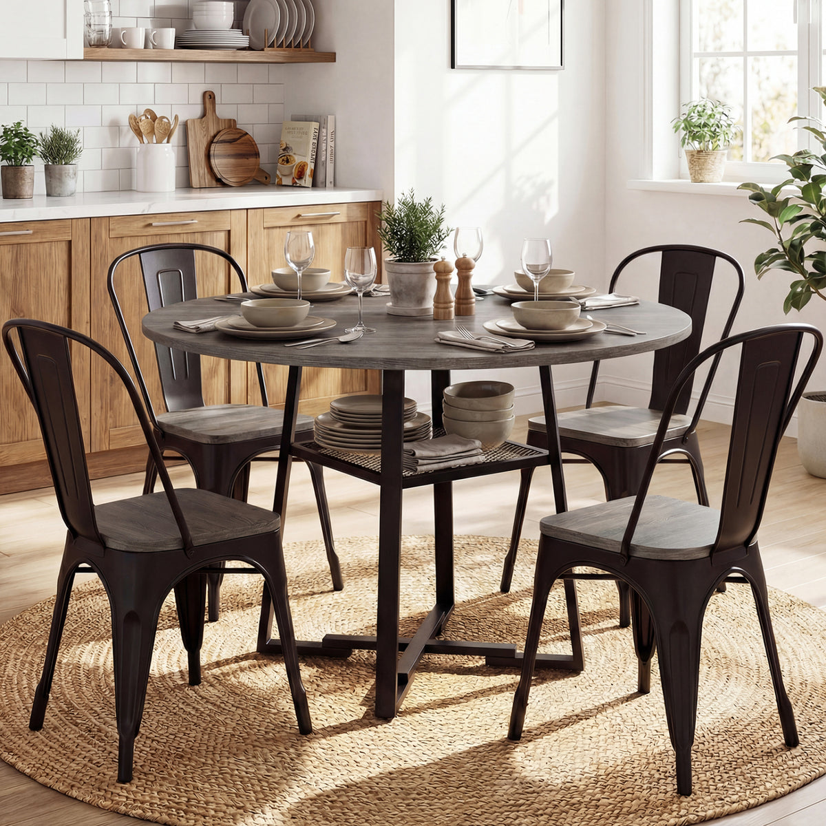 Round Dining Table for 4-6 with Storage Shelf and Metal Legs-Gray