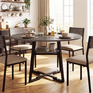 Round Dining Table for 4-6 with Storage Shelf and Metal Legs-Gray