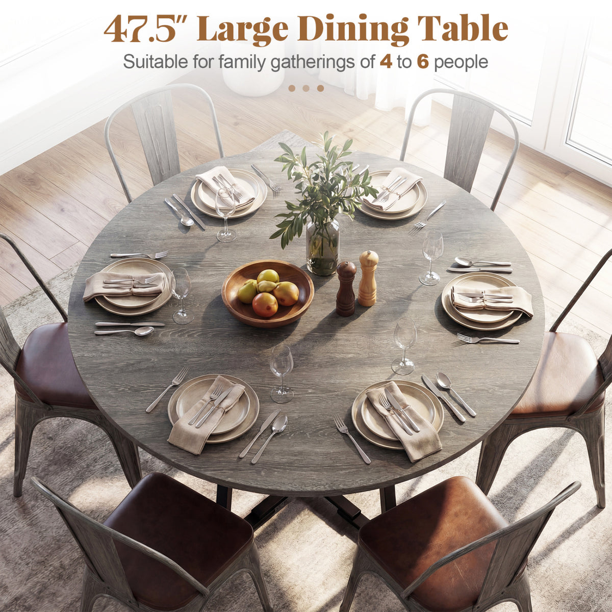 Round Dining Table for 4-6 with Storage Shelf and Metal Legs-Gray