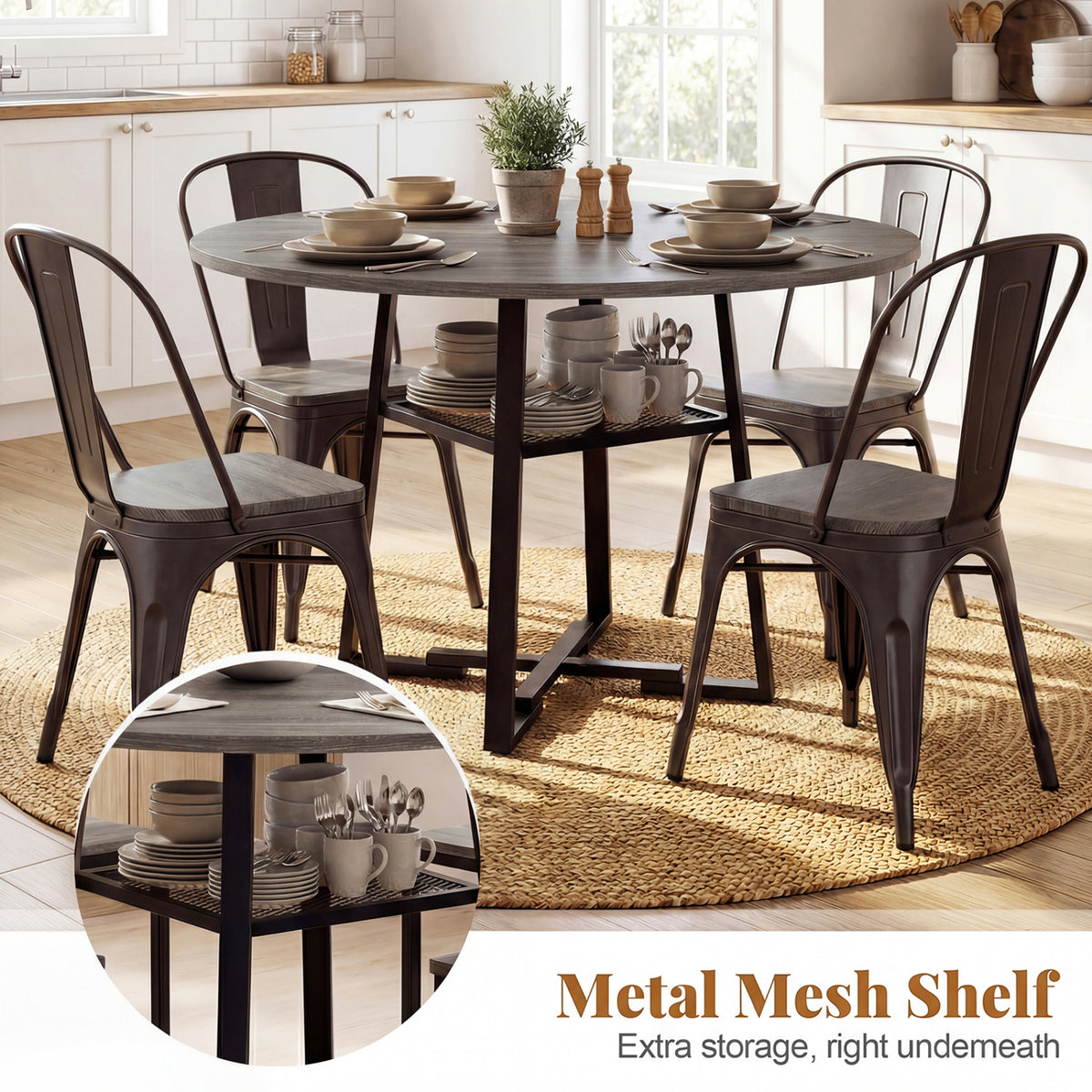 Round Dining Table for 4-6 with Storage Shelf and Metal Legs-Gray