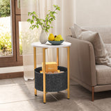 Round End Table 2-Tier Side Table with Removable Fabric Basket and Metal Frame-White