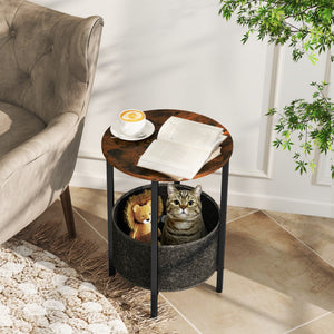 Round End Table 2-Tier Side Table with Removable Fabric Basket and Metal Frame-Rustic Brown
