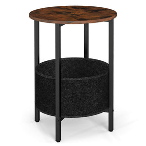 Round End Table 2-Tier Side Table with Removable Fabric Basket and Metal Frame-Rustic Brown