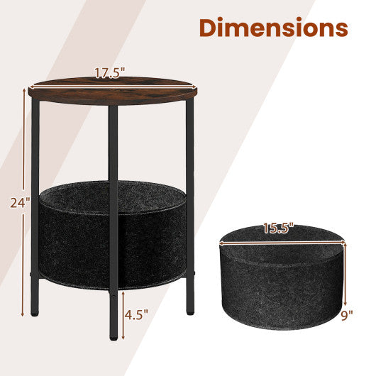 Round End Table 2-Tier Side Table with Removable Fabric Basket and Metal Frame-Rustic Brown