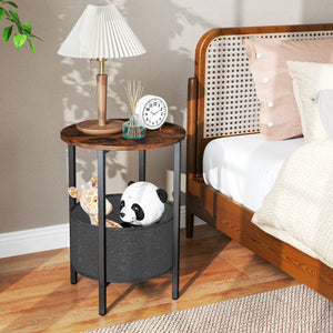 Round End Table 2-Tier Side Table with Removable Fabric Basket and Metal Frame-Rustic Brown