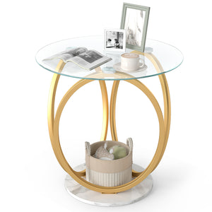 Round End Table Faux Marble Side Table with Tempered Glass Tabletop-Gold
