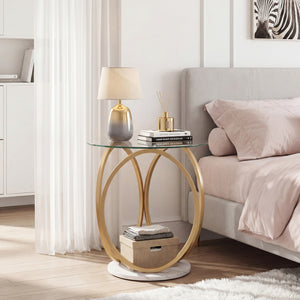 Round End Table Faux Marble Side Table with Tempered Glass Tabletop-Gold