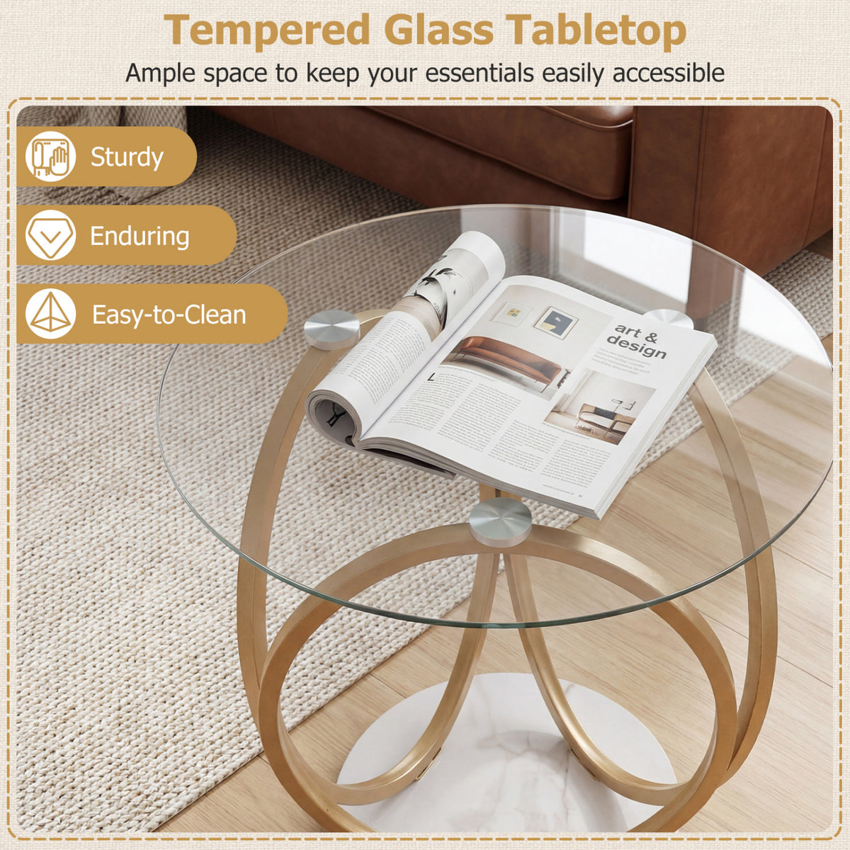 Round End Table Faux Marble Side Table with Tempered Glass Tabletop-Gold