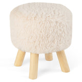 Round Footstool Ottoman Faux Fur Footrest with Padded Seat and Rubber Wood Legs-White